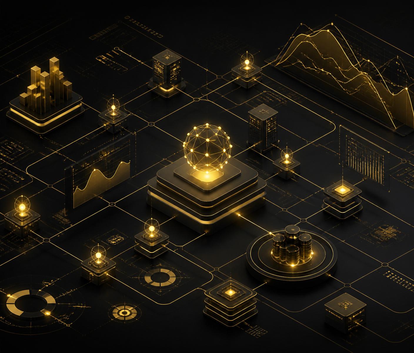 Abstract intelligent finance system with connected data nodes and financial visualizations